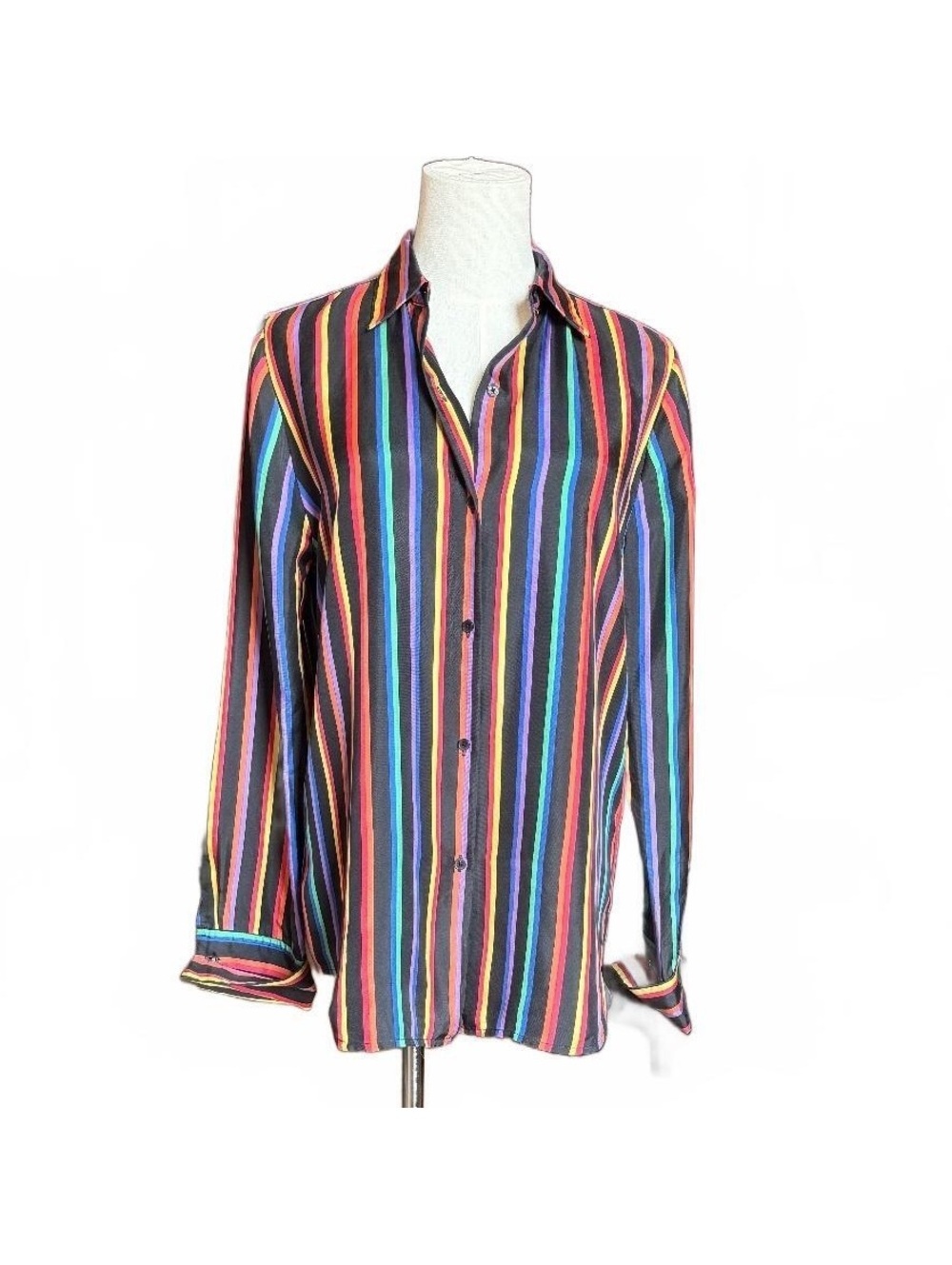 Jones New York Signature 100% Silk Button-Up Shirt - Rainbow Striped, Size Small